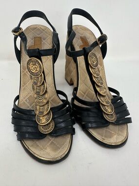 CHANEL Black Leather Slingback Heels with Gold Coin Medallions